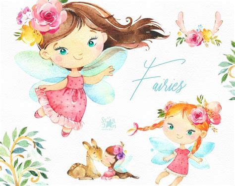 Fairies 2. Watercolor magic clipart, little girls, dark skins, deer