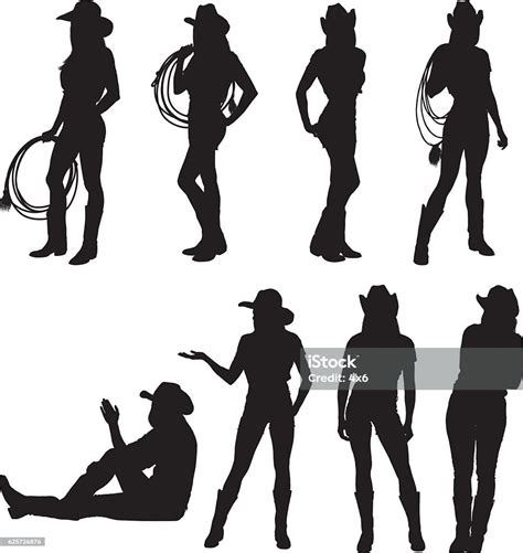Cowgirl In Various Action Stock Illustration Download Image Now Cowgirl In Silhouette