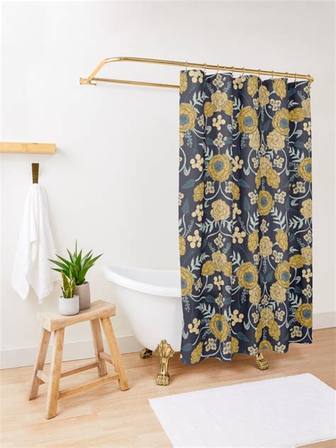 Navy Blue Turquoise Cream And Mustard Yellow Dark Floral Pattern