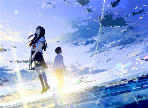 Wallpaper Crying Scenic Anime Couple Clouds School Uniform Sky