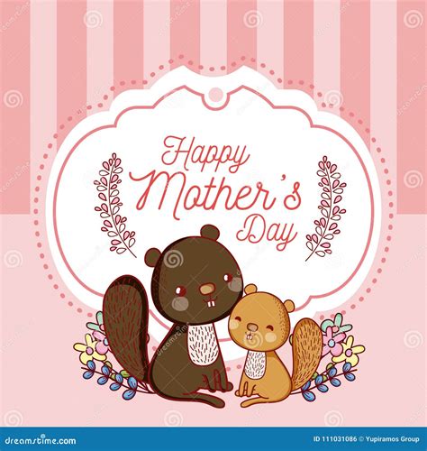 Happy Mothers Day Card With Cute Animals Cartoons Stock Vector