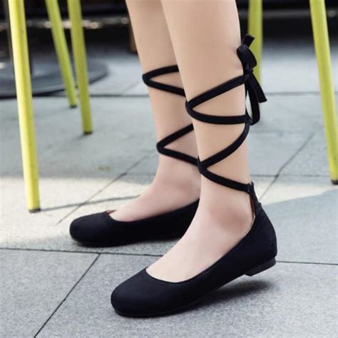 Black Suede Strappy Ankle Lace Up Ballets Flats Mary Jane