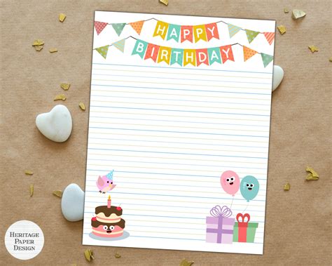 Happy Birthday Printable Stationery Cute Kawaii Writing Paper Digital