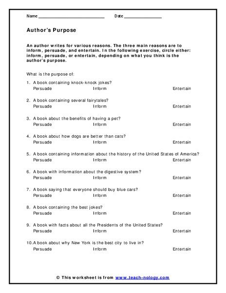 Authors Purpose Worksheet For 3rd 5th Grade Lesson Planet