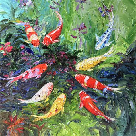Original Oil Painting Koi Fish Painting By Enxu Zhou