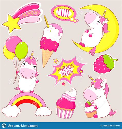 Set Of Cute Unicorns Stickers In Kawaii Style Stock Illustration