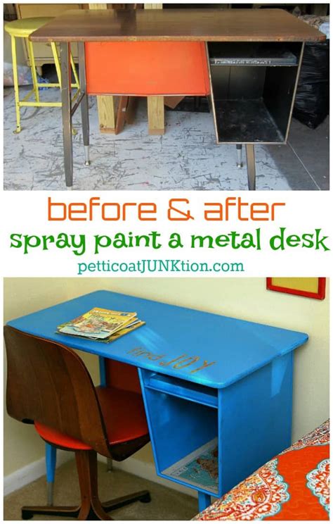 On the top and flat surfaces of the desk, i used a 5″ wide small roller and for the difficult. I Used Spray Paint On The Metal Desk-Petticoat Junktion