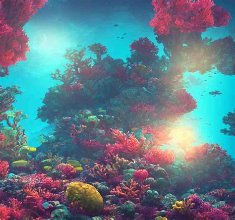 Underwater Neon Coral Reef Landscape Magical Realism Painting Wi