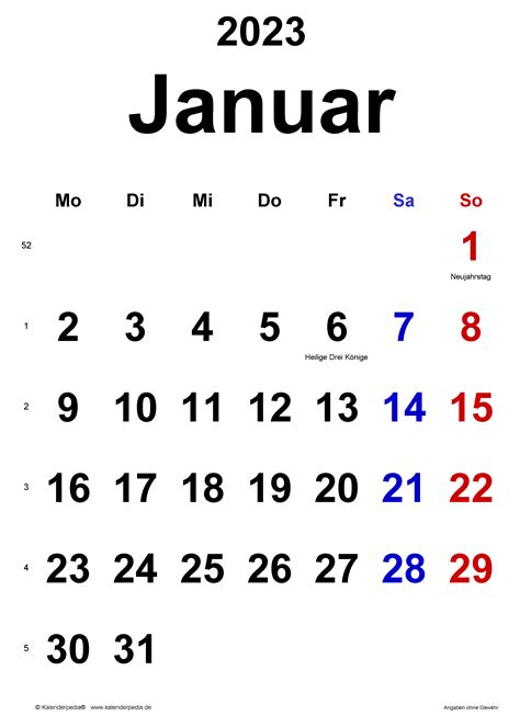 Kalender Januar 2023 Als Word Vorlagen