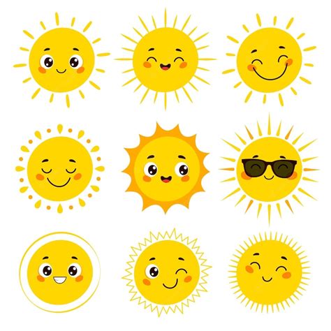 Premium Vector Cute Cartoon Sun Emoji Collection Sunny Smiling Faces