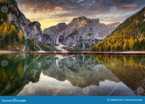 Lago Di Braies Lake And Seekofel Peak At Sunrise Dolomites Italy