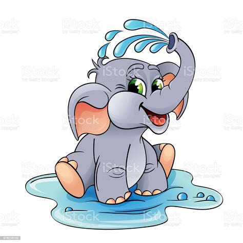 Funny Cartoon Baby Elephant Which Pours Himself With Water Stock