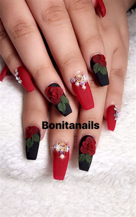 Add Some Drama To Your Nails With Black Nails And Red Roses Girlsthetic