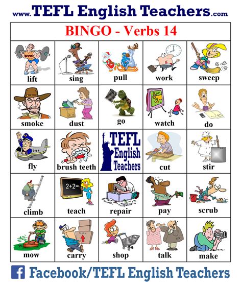 Tefl English Teachers Bingo Verbs Game Board 14 Of 20 English Verbs