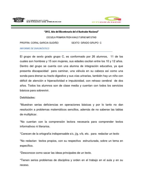 Informe De DiagnÓstico De Sexto Grado Grupo C 2013