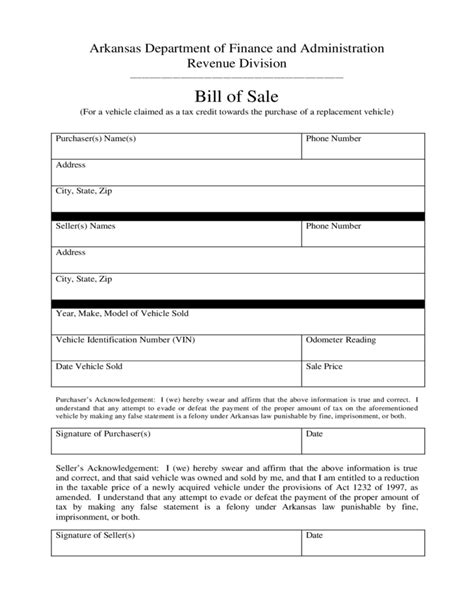 Used Car Sales Form Arkansas Free Download