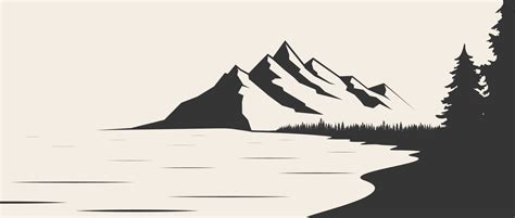 Mountain Lake Silhouette Graphic Art Black White Landscape Illustration Vector Mountain And