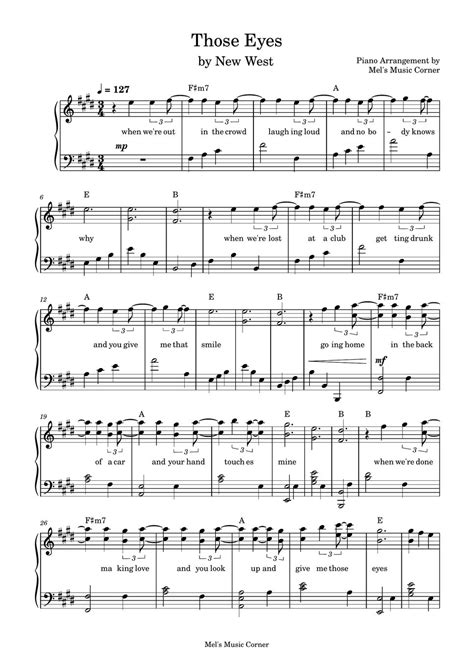 New West Those Eyes Piano Sheet Music Sheets By Mel S Music Corner