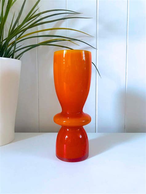Vintage Orange Cased Hand Blown Glass Hooped Vase Scandinavian 1960s 1970s Retro Home