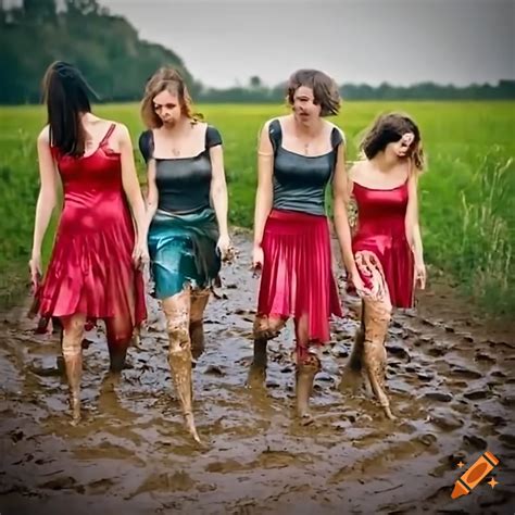 Four Women Walking Through A Muddy Field In Ripped Mud Splattered