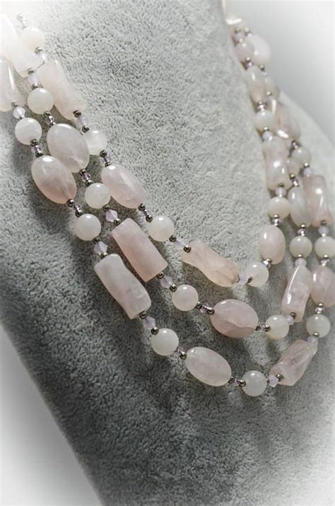 Pink Quartz Necklace Beaded Long Gemstone Necklace Pale Pink Rose