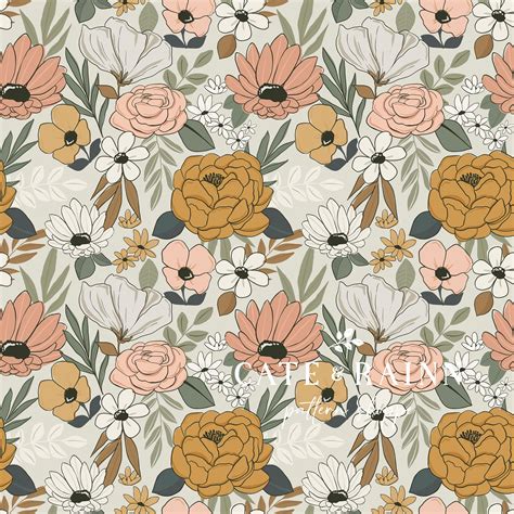 Retro Boho Floral Seamless Repeat Pattern For Commercial Use Paper