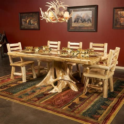 Cedar Lake Solid Wood Stump Base Dining Table Rustic Dining Chairs