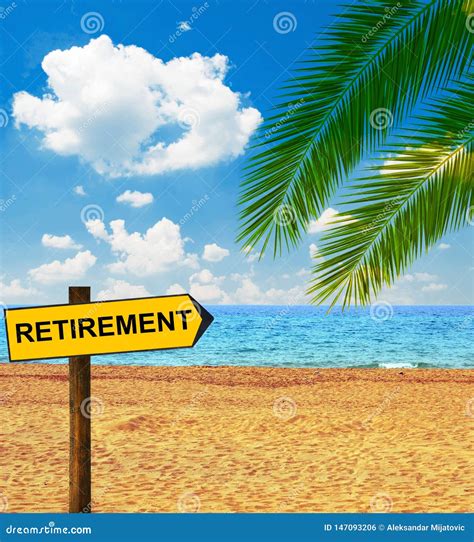 Tropical Beach and Direction Board Saying RETIREMENT Stock Photo