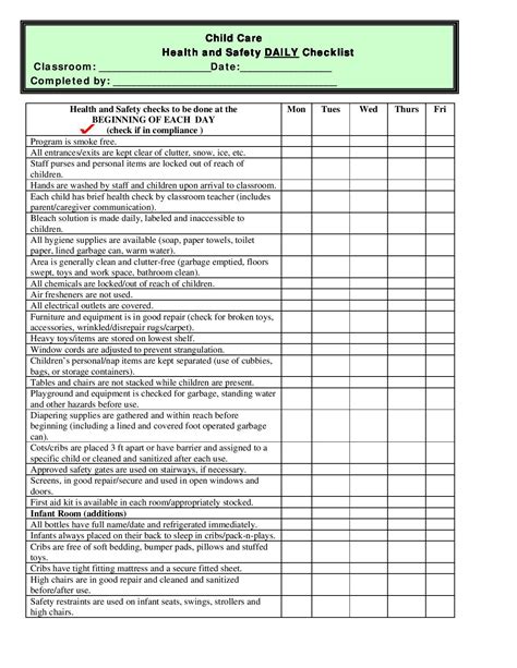 Free Printable Child Care Health And Safety Daily Checklist Daily