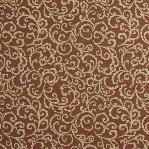 Beige And Brown Swirl Foliage Damask Upholstery Fabric