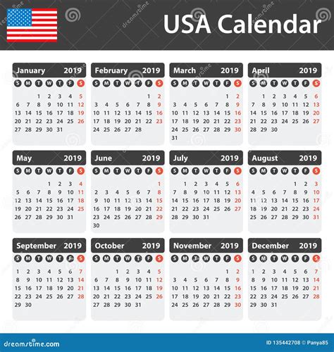 Usa Calendar For 2019 Scheduler Agenda Or Diary Template Stock Vector