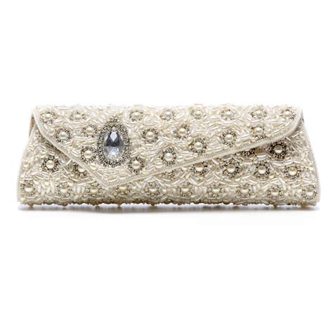 Ivory Textured Bridal Clutch With Bejeweled Details