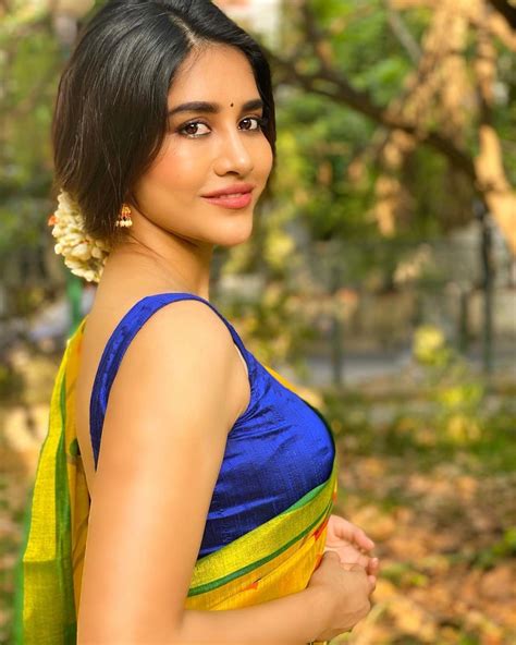 Nabha Natesh Photoshoot In Sleeveless Blouse And Yellow Saree