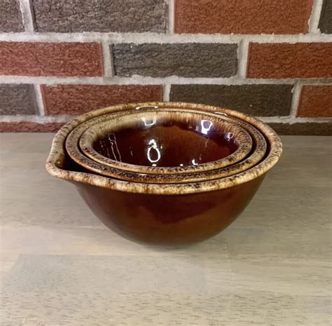 Vintage Hull Pottery 3 Pc Nesting Mixing Bowls Brown Drip Glaze W