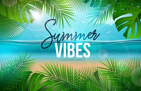 Vector Summer Vibes Illustration with Palm Leaves and Typography Letter ...