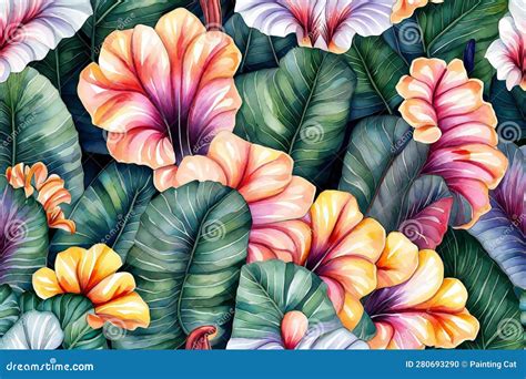 Seamless Pattern With Watercolor Tropical Leaves Hand Drawn