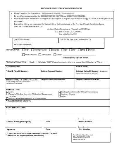 Provider Dispute Resolution Request Form La Care Health Plan