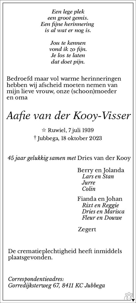 Aafie Van Der Kooy Visser 18 10 2023 Overlijdensbericht En Condoleances