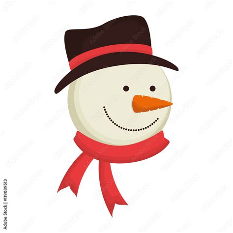 Snowman Smiling Face Wearing Black Hat And Red Scarf Cartoon Character