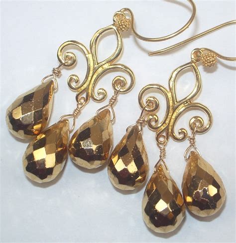 Gold Pyrite Earrings Chandelier Fleur De Lis Wire Wrapped Gold Etsy