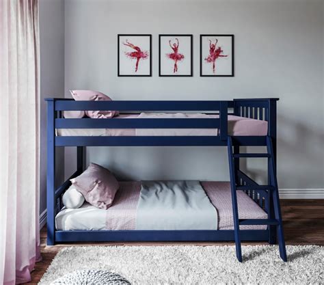 Twin Over Twin Low Bunk Bed With Angled Ladder White Grey And Blue