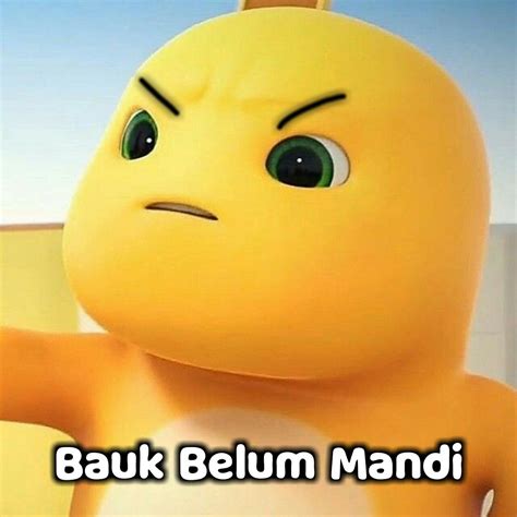 A Close Up Of A Cartoon Character With The Words Bak Belum Mandi