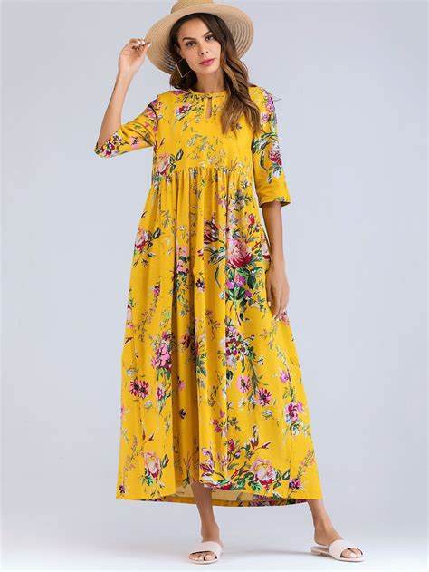 Modest Floral Keyhole Neckline Half Sleeve Regular Sleeve Yellow Floral Print Smock Maxi Dress