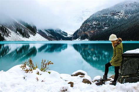 Fonds Decran Parc Canada Lac Montagnes Hiver Alberta Brouillard Neige