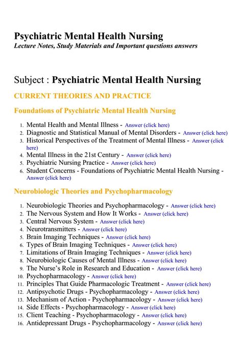 Psychiatric Mental Health Nursing Lecture Notes Study Materials And