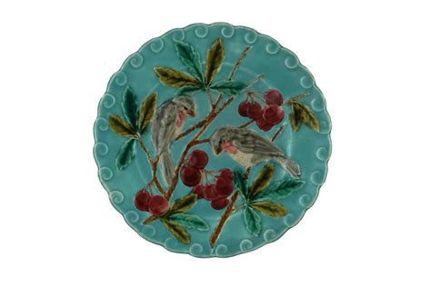 French Majolica Bird Wall Plate With Robins And Cherries By Sarreguemines