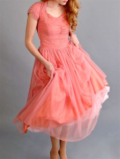 Pretty Peach Party Dress Coral Vintage Dress Peach Bridesmaid Dress