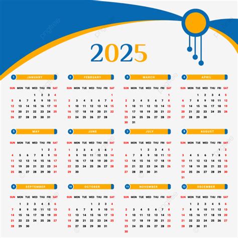 2025 Calendar Design With Yellow And Blue Geometric Style Vector