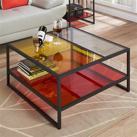 furniture of america tia contemporary glass top coffee table in red and yellow homesquare