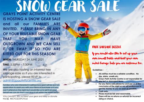 Reminders of upcoming grant deadlines. Snow Gear Sale - Thursday 24 June 2021
